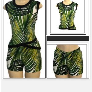WORTHINGTON 2PIECE SHORT SET GREEN PALM TREE PRINT POLYESTER